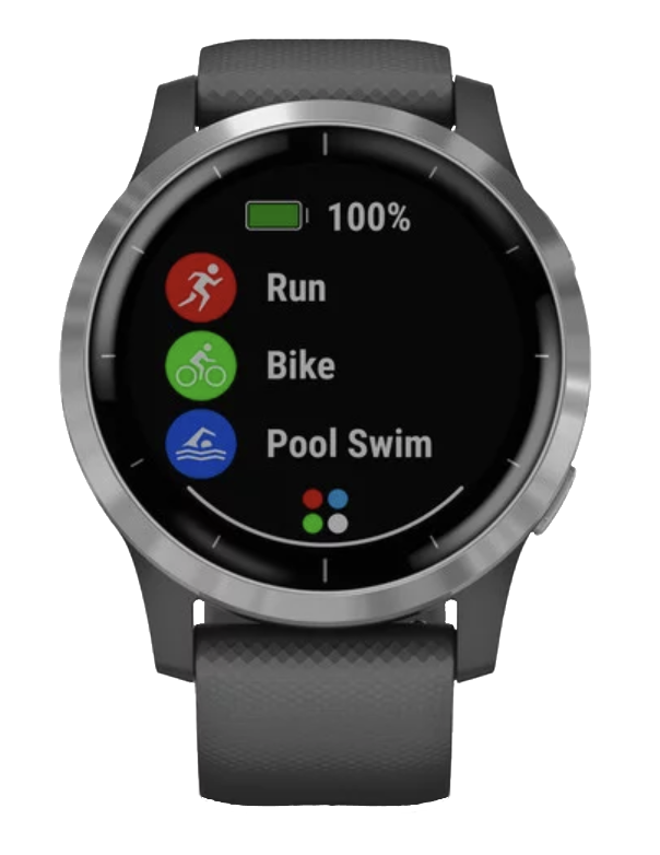 Vivoactive 4 Garmin smartwatch with silver case and shadow gray band