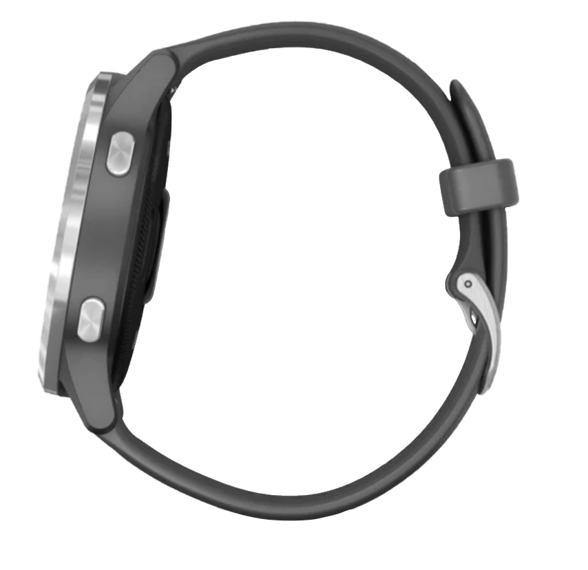 Garmin Vivoactive 4 smartwatch with silver case and shadow gray band, side view