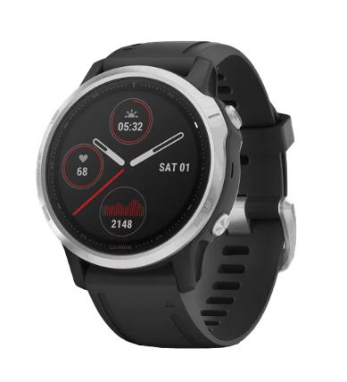 Garmin Fenix 6S smartwatch with silver bezel and black band, round touchscreen and activity widgets.