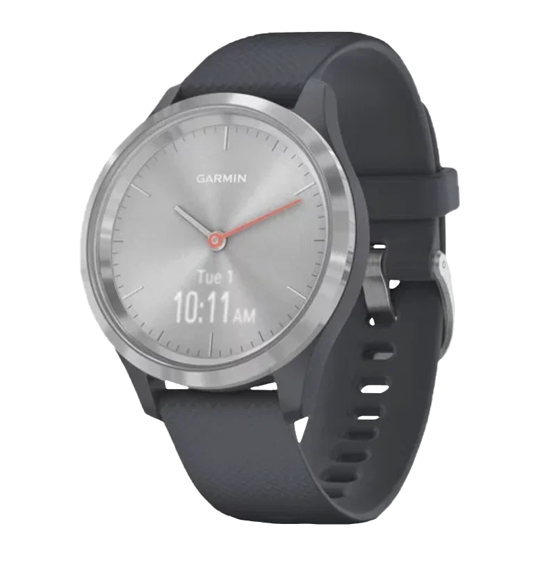 Garmin Vívomove 3S smartwatch with silver case and granite blue band