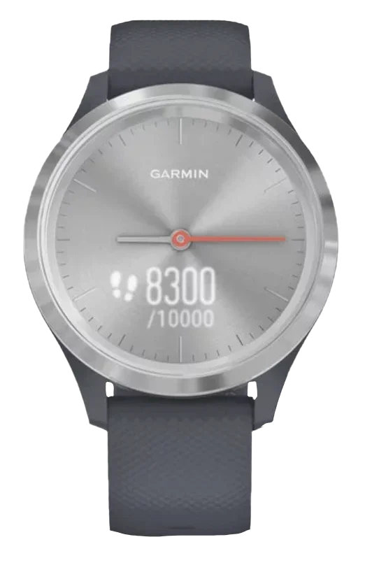 Garmin Vivomove 3S smartwatch with silver dial and granite blue band