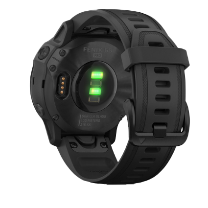 Garmin Fenix 6S Pro black smartwatch with black band and green backlit heart-rate sensors