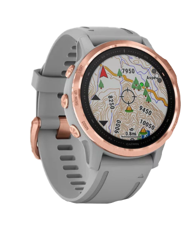 Garmin Fenix 6s Sapphire smartwatch with rose gold bezel and gray strap, refurbished