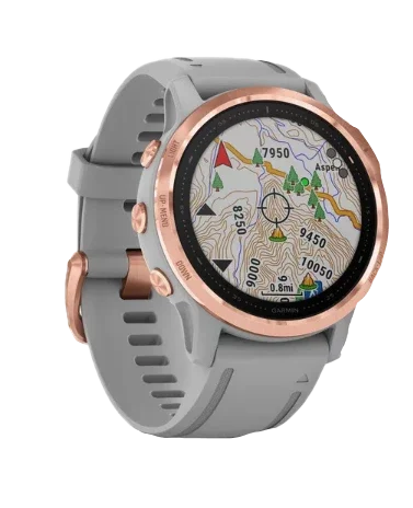 Garmin Fenix 6s Sapphire smartwatch with rose gold bezel and gray strap, refurbished