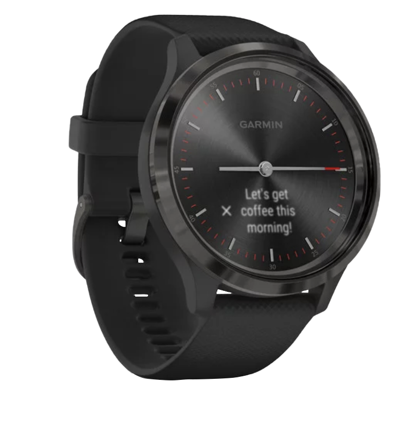 Garmin Vivomove 3 smartwatch with slate stainless-steel bezel and black silicone band