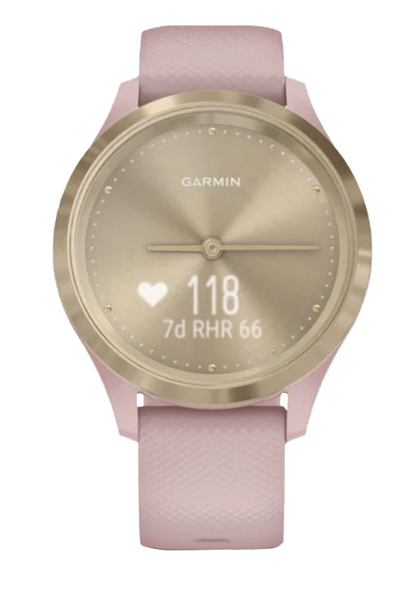 Garmin Vivomove 3S smartwatch with light gold case and dust rose band.