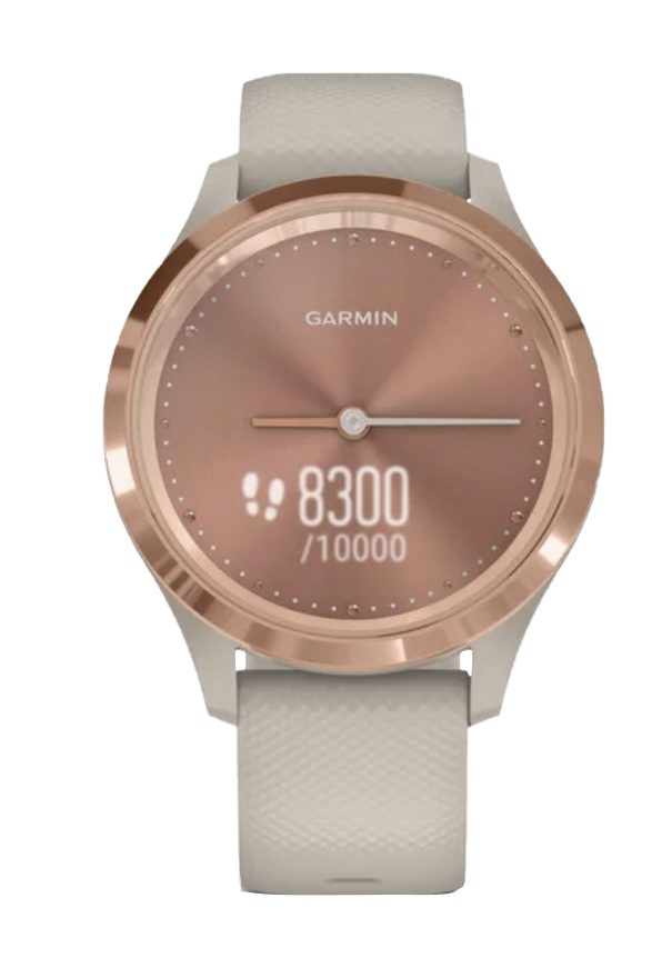 Garmin Vivomove 3S smartwatch in rose gold with light sand band.