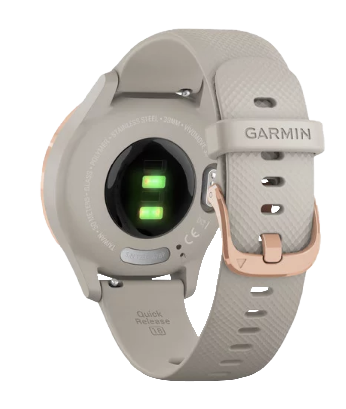 Garmin Vivomove 3S smartwatch in rose gold with light sand band