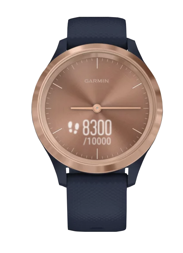 Garmin Vivomove 3S rose-gold stainless steel bezel with navy silicone band smart watch