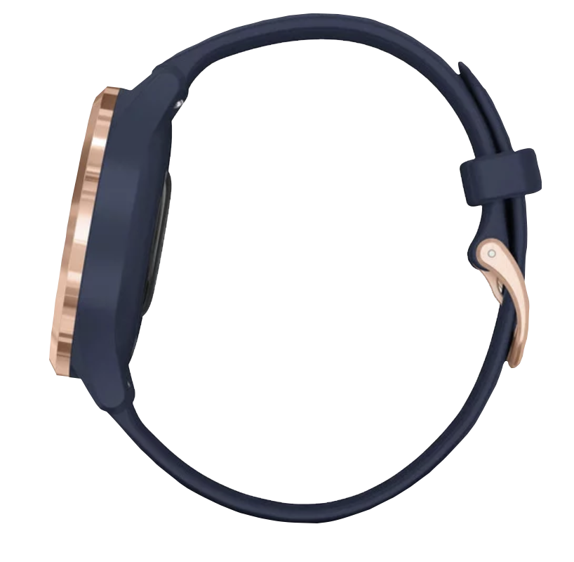 Garmin Vívomove 3S smartwatch with rose gold stainless steel bezel and navy silicone band
