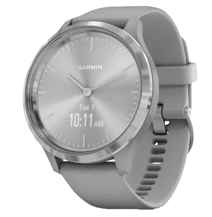 Garmin Vívomove 3 smartwatch with silver stainless bezel and powder gray silicone band