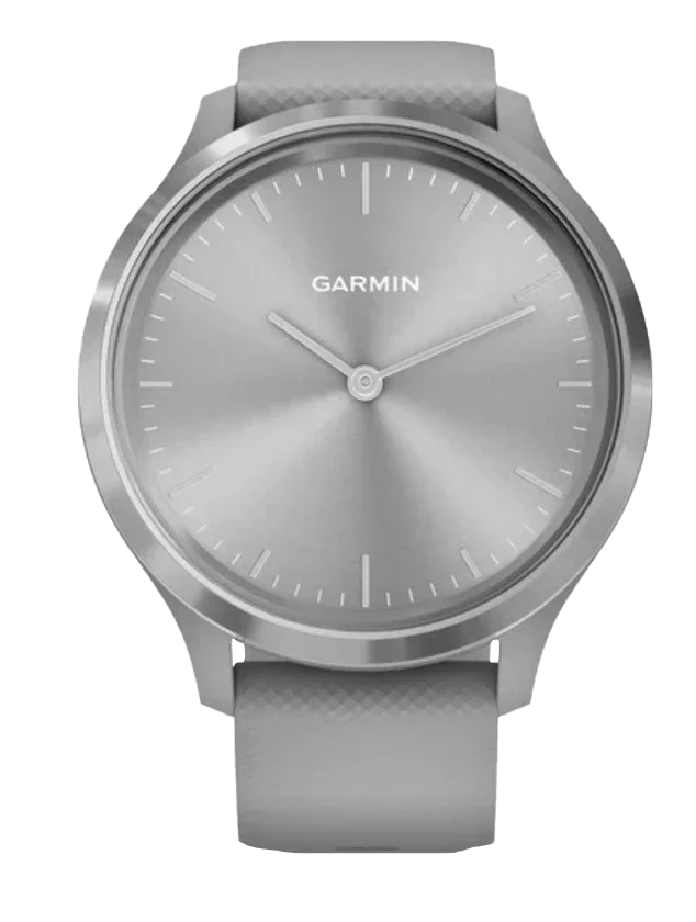 Garmin Vívomove 3 watch with silver stainless bezel and powder gray silicone band, Garmin Certified Refurbished