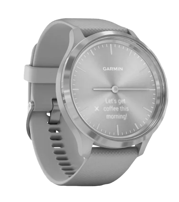 Garmin Vívomove 3 smartwatch, silver stainless bezel, powder gray silicone band, round face, refurbished