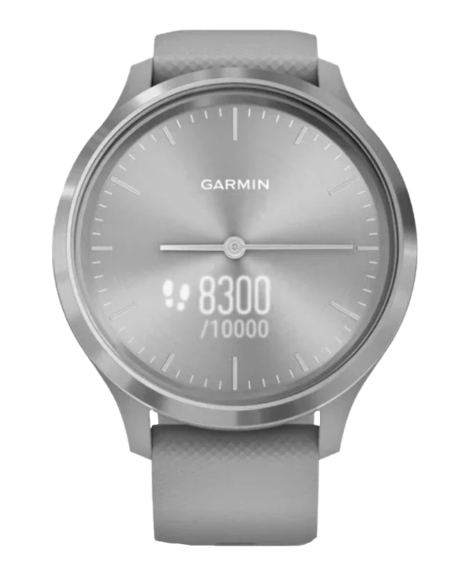 Garmin Vívomove 3 smartwatch with silver stainless bezel and powder gray silicone band, certified refurbished