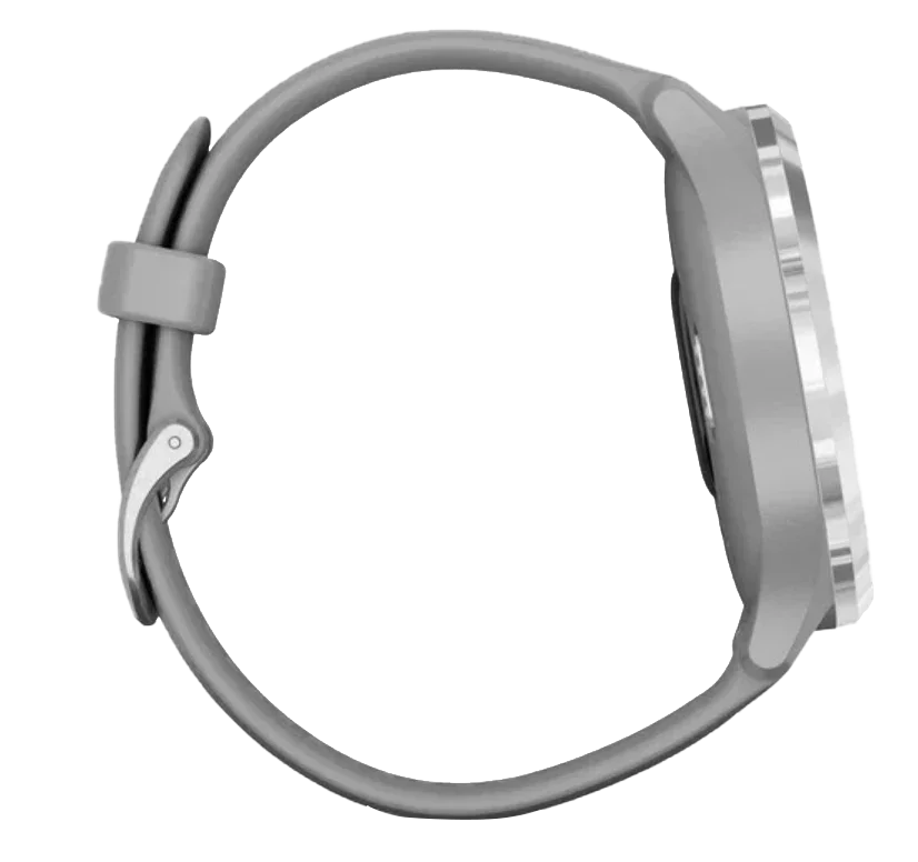 Garmin Vivomove 3 smartwatch with silver stainless-steel bezel and powder gray silicone band