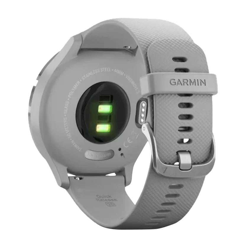 Garmin Vivomove 3 smart watch with silver stainless steel bezel and powder gray silicone band