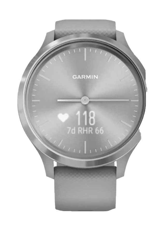 Garmin Vívomove 3 smartwatch with a silver bezel and powder gray silicone band