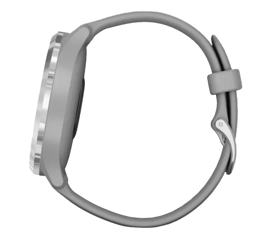 Garmin Vivomove 3 smartwatch with a silver stainless steel bezel and powder gray silicone band
