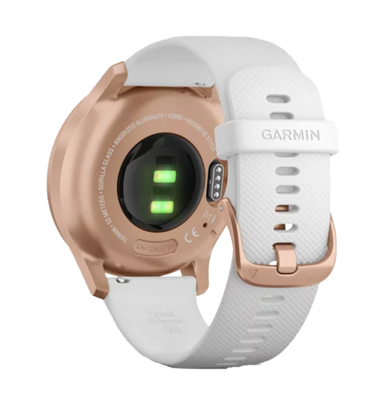 Garmin Vivomove Style rose gold smartwatch with white silicone band, certified refurbished