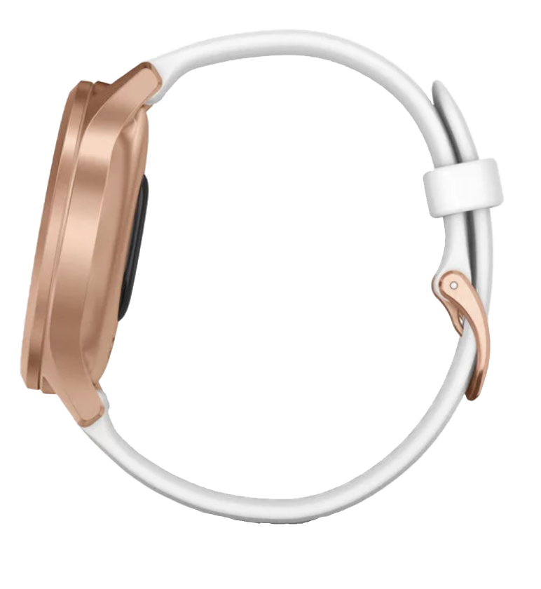 Garmin Vívomove Style Rose Gold smartwatch with White Silicone Band, certified refurbished