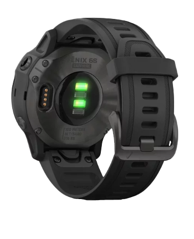 Garmin Fenix 6S Sapphire smartwatch with carbon gray DLC and black band, back view with green heart-rate sensors