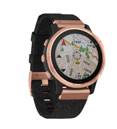Garmin Fenix 6S Sapphire smartwatch with rose-gold bezel, map display, and heathered black nylon band (010-02159-36)