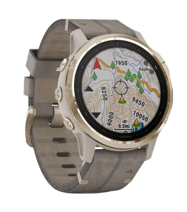 Garmin Fenix 6S Sapphire smartwatch with light goldtone case and shale gray leather band (010-02159-39)