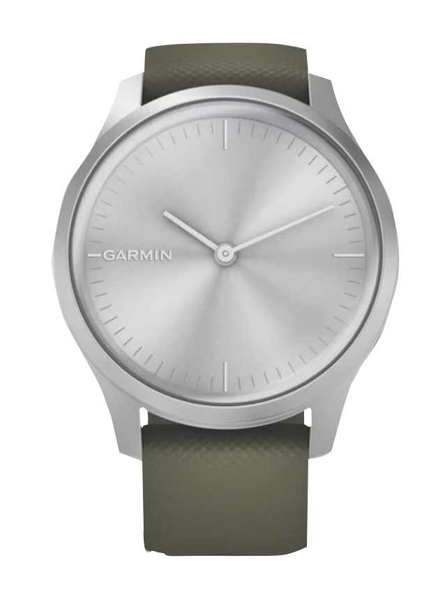 Garmin Vivomove Style watch with silver aluminum case and moss silicone band