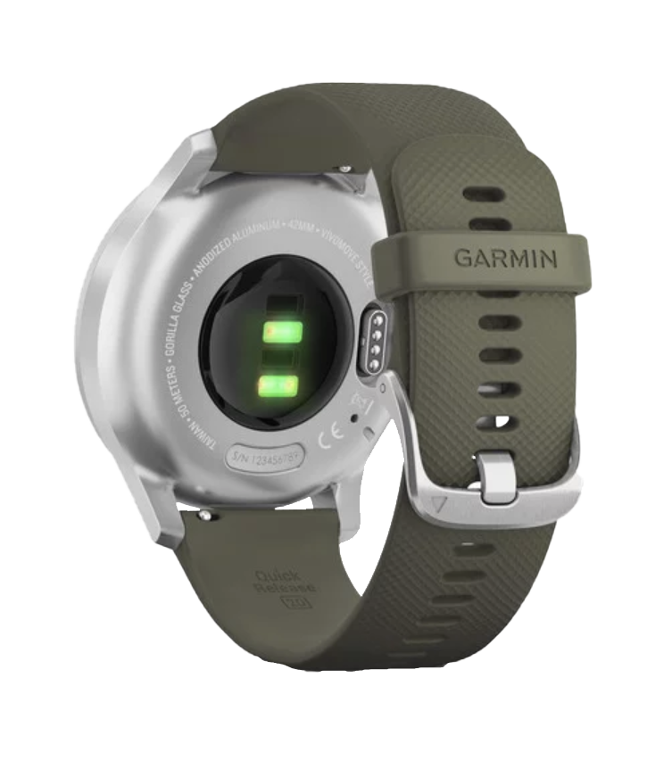 Garmin Vivomove Style smartwatch with a silver aluminum case and moss silicone band