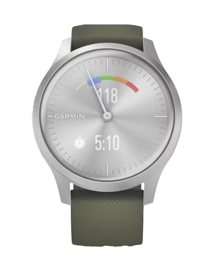 Garmin Vivomove Style smartwatch with silver aluminum case and moss green silicone band
