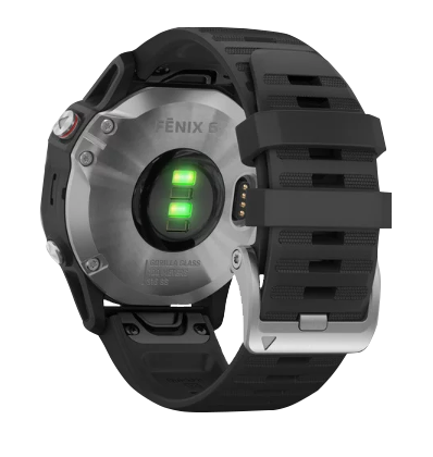 Garmin Fenix 6 GPS smartwatch with gray bezel and black band, certified refurbished