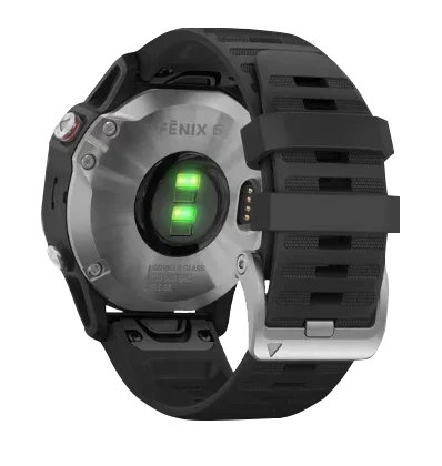 Garmin Fenix 6 GPS smartwatch with gray bezel and black band, certified refurbished