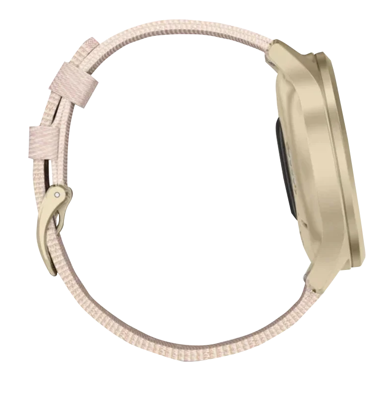 Garmin Vivomove Style smartwatch with light gold aluminum case and blush pink woven nylon band