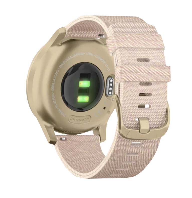 Garmin Vívomove Style smart watch with a light gold aluminum case and blush pink woven nylon band