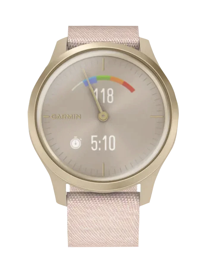 Garmin Vivomove Style watch with light gold aluminum case and blush pink woven nylon band