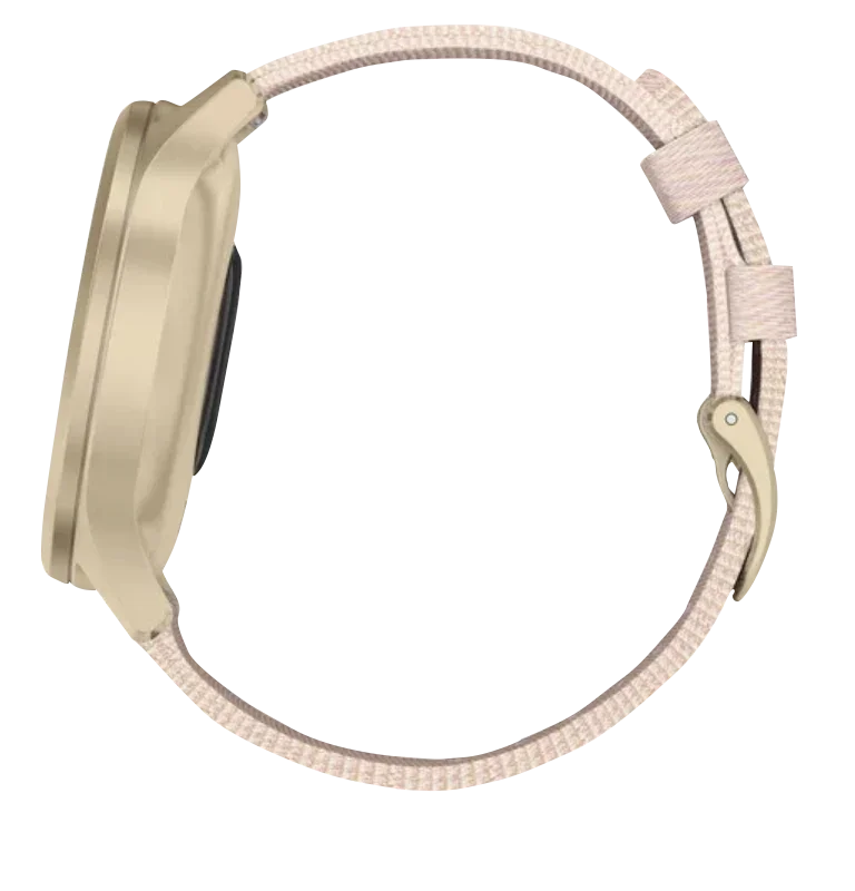 Garmin Vívomove Style smartwatch with a light gold aluminum case and blush pink woven nylon band