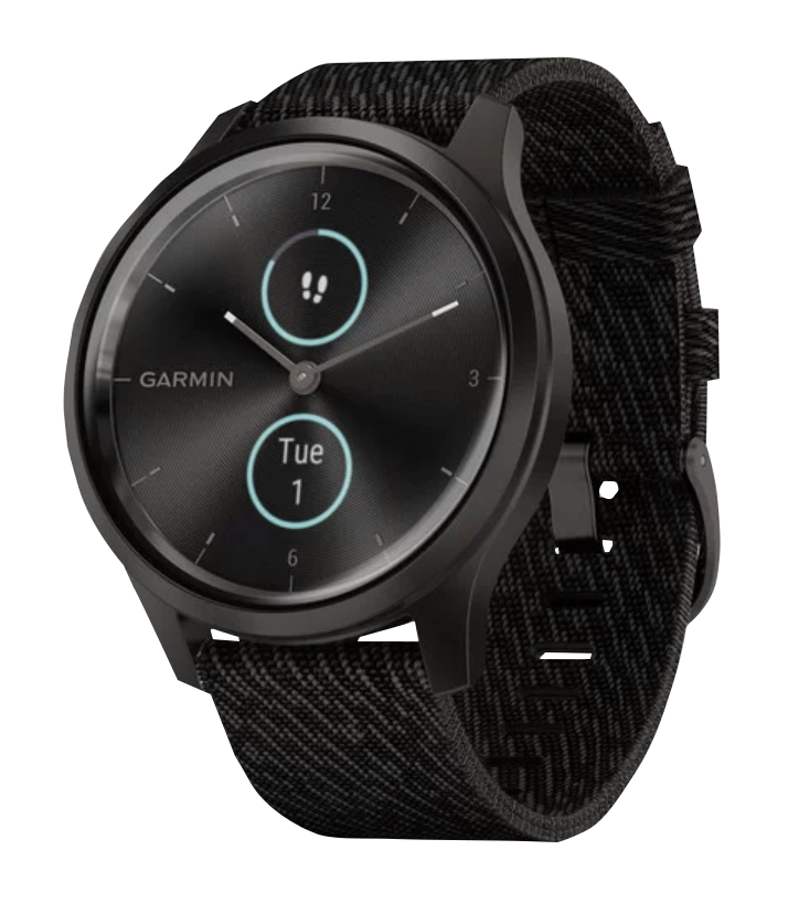 Garmin Vivomove Style smartwatch with graphite aluminum case and black pepper woven nylon band