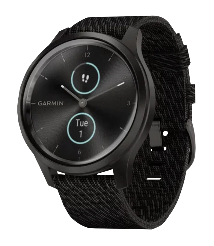 Garmin Vivomove Style smartwatch with graphite aluminum case and black pepper woven nylon band
