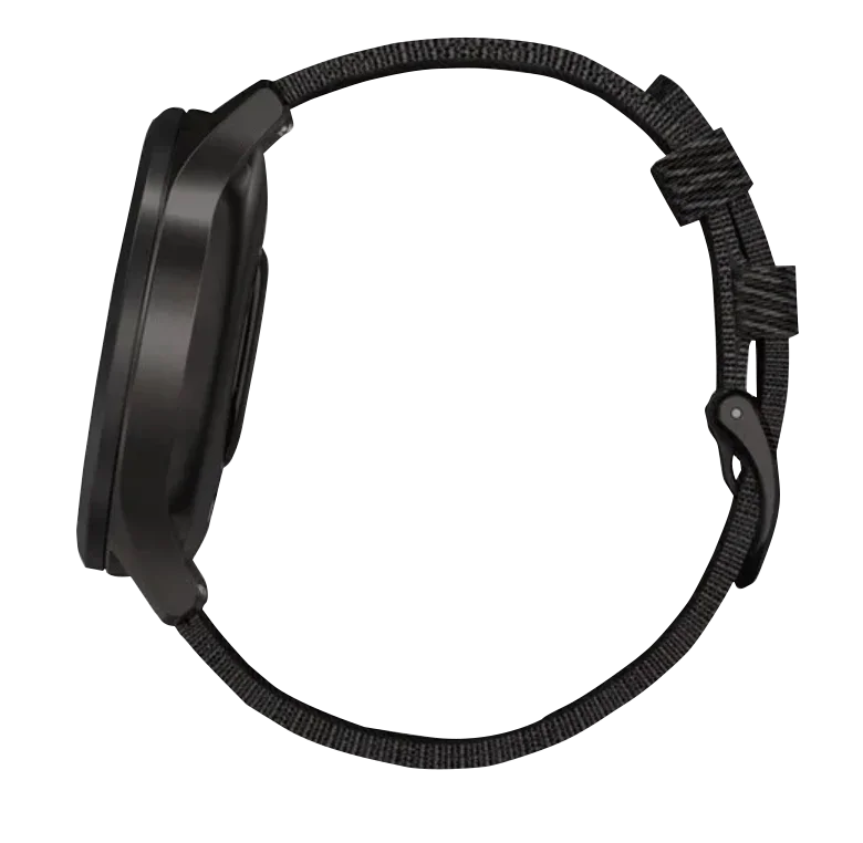 Garmin Vivomove Style watch with graphite aluminum case and black pepper woven nylon band, side profile view