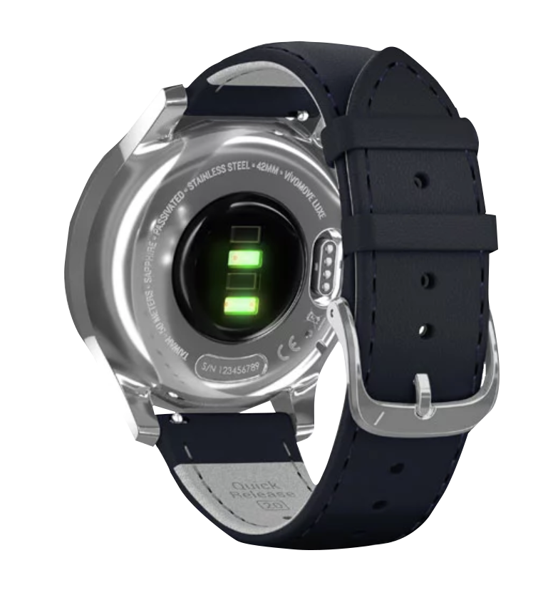Garmin Vivomove Luxe smartwatch with silver stainless steel case and navy Italian leather band