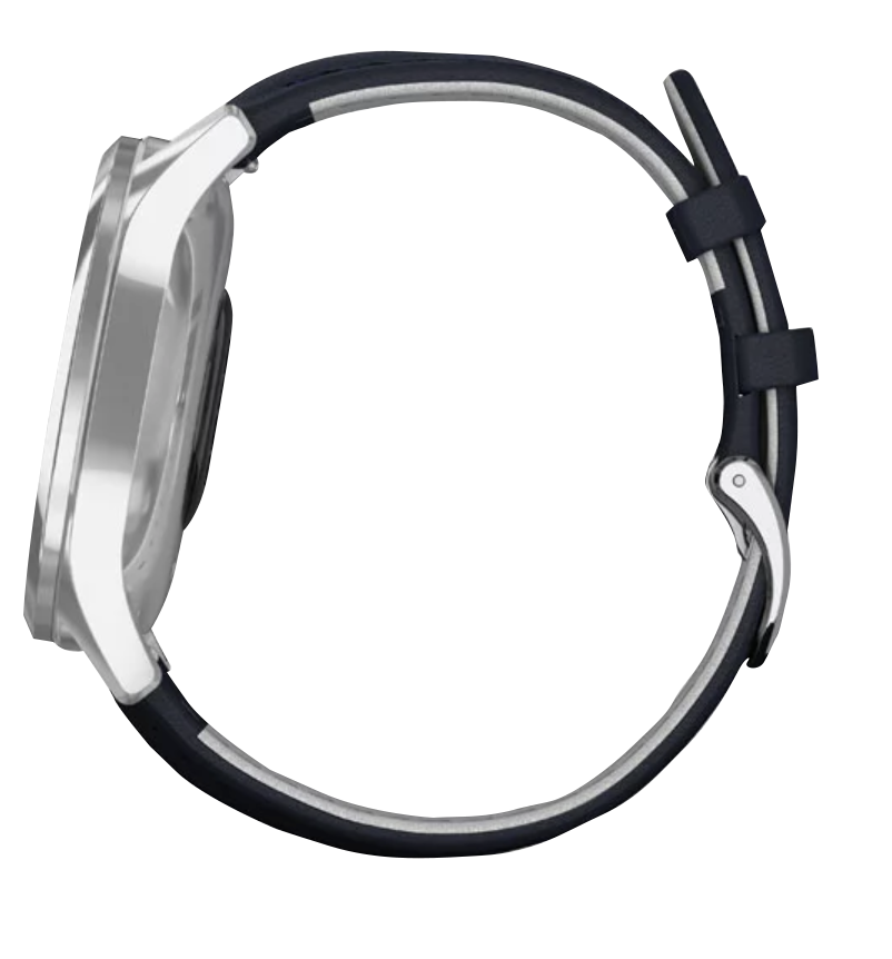 Garmin Vivomove Luxe smart watch with silver stainless steel case and navy leather band