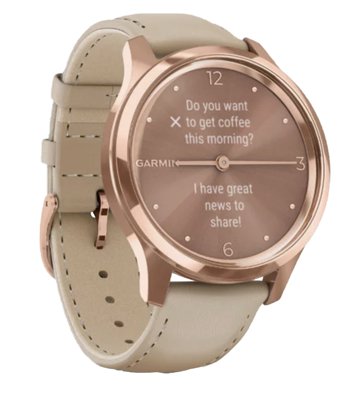 Garmin Vivomove Luxe smartwatch with 18K rose gold PVD stainless steel case and light sand Italian leather band