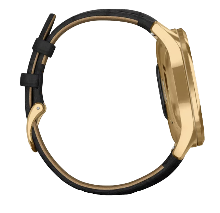 Garmin Vívomove Luxe watch with 24K gold PVD stainless steel case and black embossed Italian leather band
