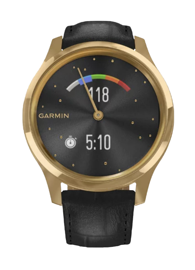Garmin Vivomove Luxe smartwatch with 24K gold PVD stainless steel case and black embossed Italian leather band