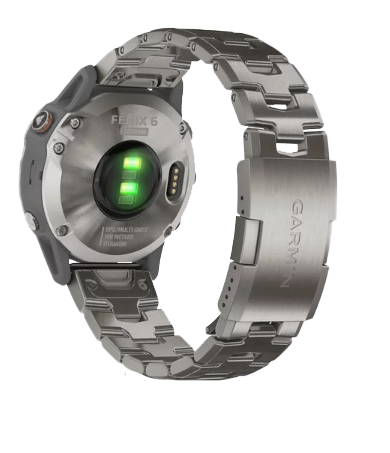 Garmin Fenix 6 Sapphire Titanium smartwatch with vented titanium bracelet, back view.