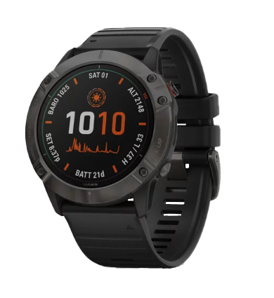 Garmin Fenix 6X Pro Solar smartwatch with titanium DLC bezel, carbon gray, black band