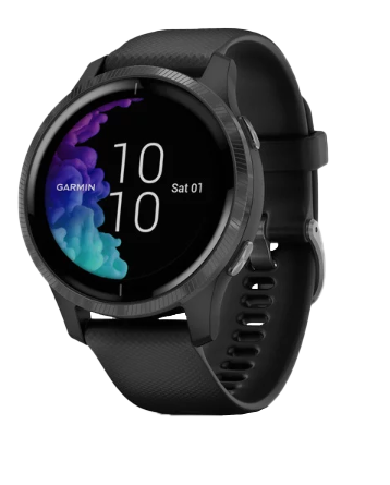 Garmin Venu smartwatch, black with slate hardware and silicone strap