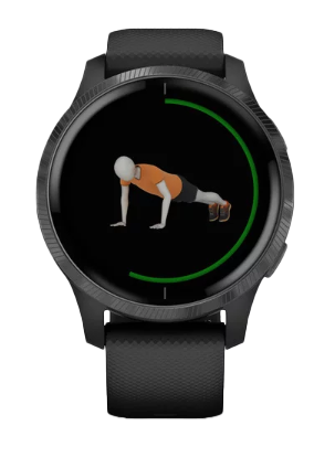 Garmin Venu smartwatch in black with slate hardware, display showing a workout graphic and green progress ring