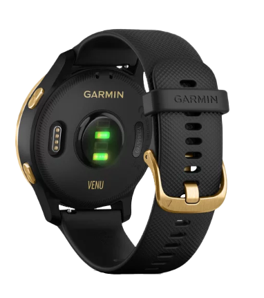 Garmin Venu smartwatch in black with gold hardware and silicone strap