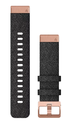 Garmin QuickFit 20 watch band, Heathered black nylon with rose-gold hardware, two-piece set.